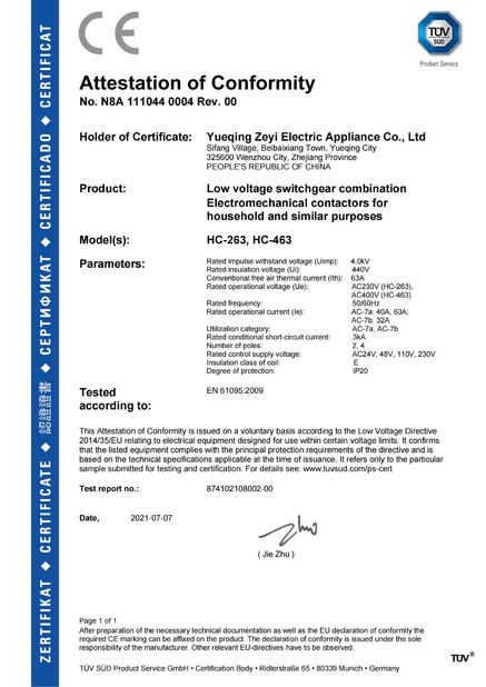 Chiny YueQing ZEYI Electrical Co., Ltd. Certyfikaty